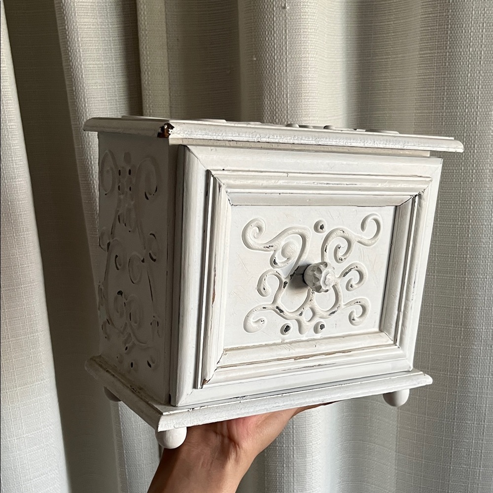 White Carved Wooden Jewelry Box